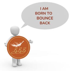 figure holding BBB and saying "I am born to bounce back"