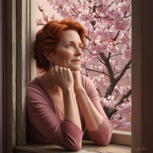 woman pondering as she looks out a window at a cherry tree in blossom