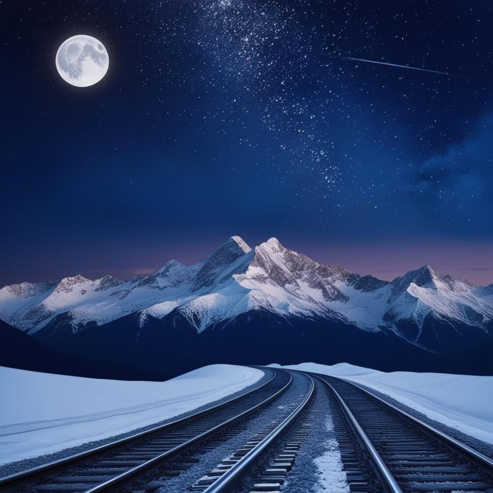 Train tracks shown at night in a snowy, mountainous region in the story about turning trauma into triumph